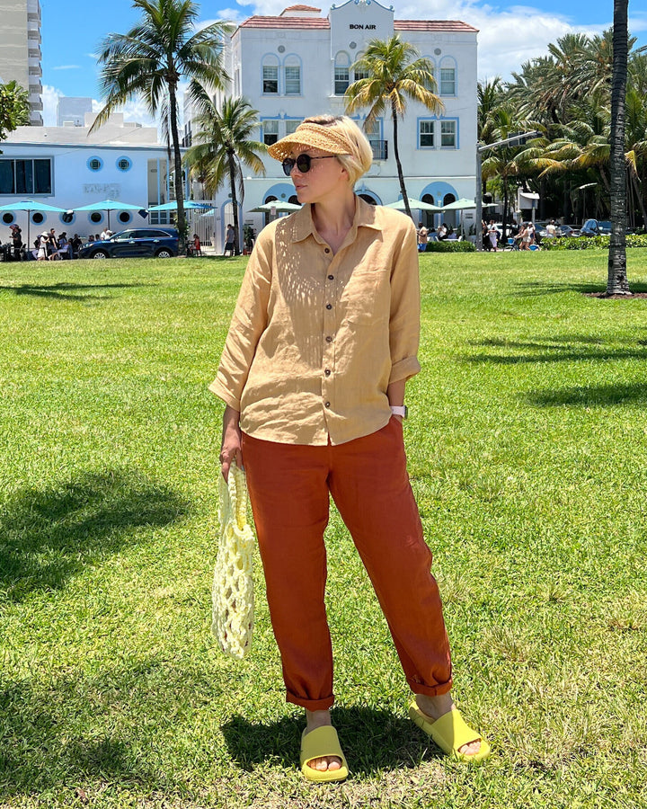 Classic Linen Lounge Shirt showcasing its natural texture and wrinkles.