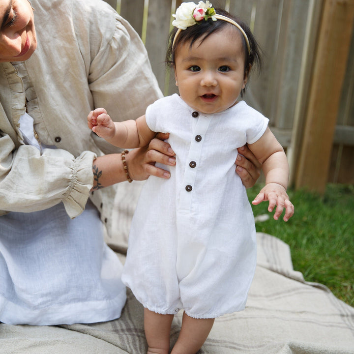 Baby Girl Linen Romper - 1st Birthday & Baby Shower