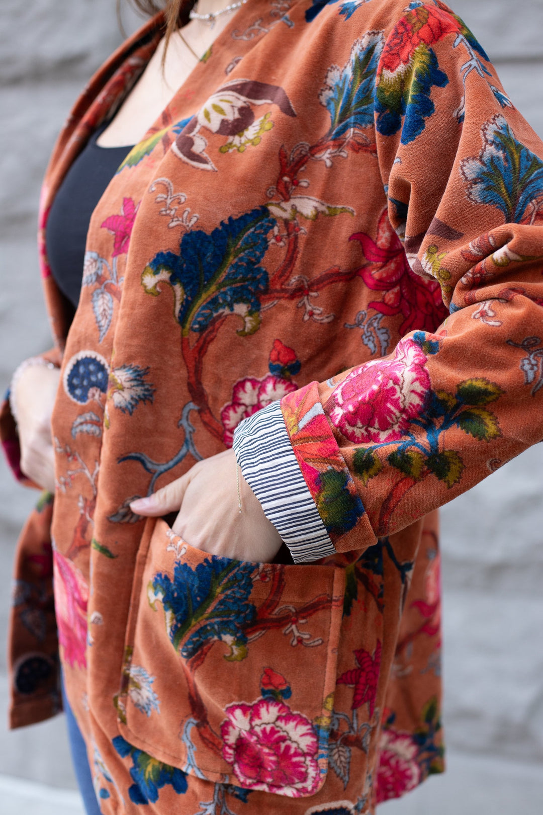 Japanese-Inspired Velvet Kimono Cardigan | Bird Print Short Jacket