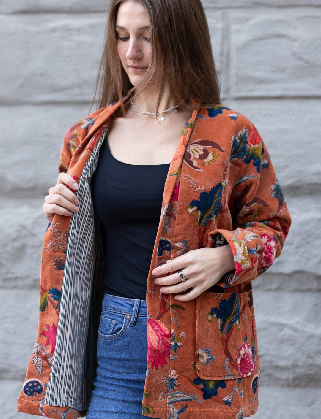 Japanese-Inspired Velvet Kimono Cardigan | Bird Print Short Jacket