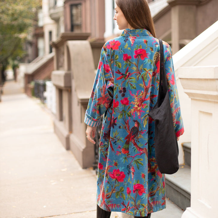 Floral Bird Print Velvet Long Kimono Jacket - Versatile & Elegant