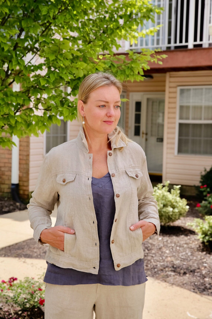 Close-up: The natural texture and unique wrinkles of a chic linen jacket.