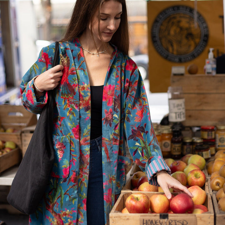 Floral Bird Print Velvet Long Kimono Jacket - Versatile & Elegant