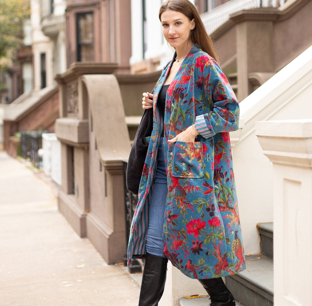 Floral Bird Print Velvet Long Kimono Jacket - Versatile & Elegant