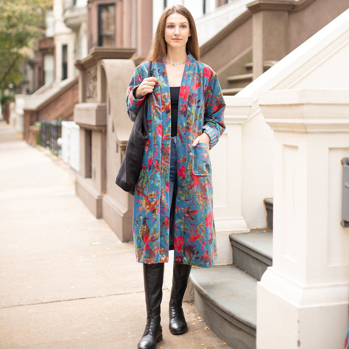 Stylish model standing and showcasing the Velvet Long Kimono Jacket - Japanese Style Cardigan for Women.